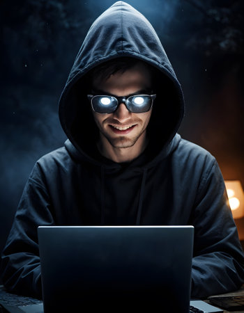 A man with sunglasses and a hoodie is smiling while using a laptop computerの素材