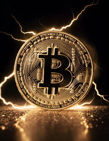 A detailed closeup photo of a bitcoin logo with a lightning bolt in the background, set against a skyblue backdrop resembling a scenic art pieceの素材