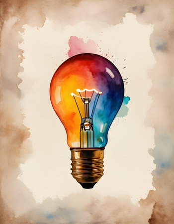 A watercolor painting depicting a vibrant light bulb with various colors on a brown background, showcasing the beauty of automotive lighting and electricityの素材