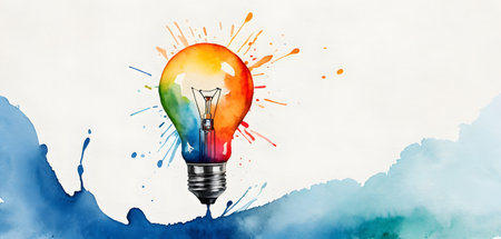 A light bulb is depicted surrounded by vibrant watercolor splashes on a white background, resembling a piece of artの素材