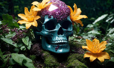 A smiling skull adorned with flowers rests on a rock in a natural landscape, surrounded by plants, grass, and shrubs, creating a unique and artistic displayの素材