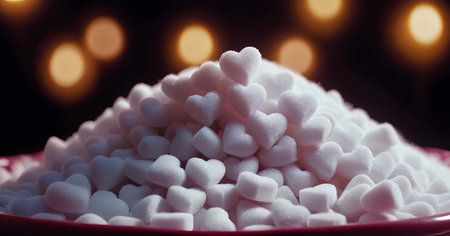 A serene pile of soft white marshmallows fills the frame, with a bokeh light effect creating an ambiance of peaceful simplicity. The image embodies a tranquil moment in a world of sweetness.の素材