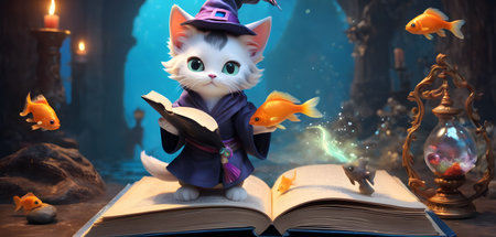 A charming kitten dons a wizards hat while perusing a magical tome, surrounded by floating fish and mystical artifacts in a cozy, enchanted library. This whimsical scene captures the imagination and transports viewers to a world of fantasy and wonder.の素材