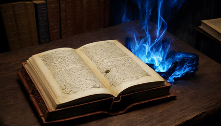 Within the hush of a vintage library, an old book lies open, its pages birthing a swirling blue energy. The ethereal glow emanates from arcane runes, hinting at otherworldly knowledge contained within.の素材