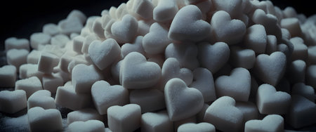 A mountain of heart-shaped and cubic sugars creates a landscape of affection, the soft contours of love juxtaposed with the sharp edges of the cubes. This image plays with shapes and textures to celebrate the many forms of sweetness.の素材