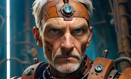 A cybernetic man with a piercing gaze stands amidst industrial surroundings, a testament to the fusion of human and machine.の素材