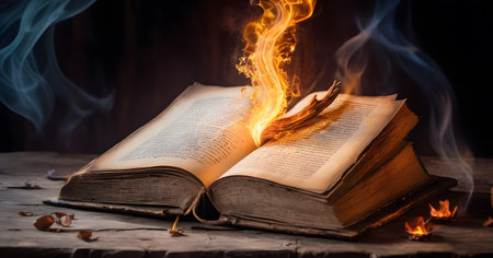 Flames engulf a rune-inscribed page of a grimoire, suggesting a powerful spell being unleashed. The scene is both mesmerizing and foreboding, hinting at the untold power within.の素材