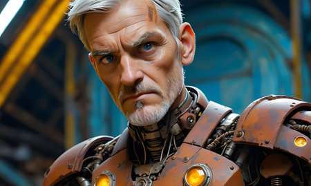 A man with cybernetic enhancements and a visionary look stands against a backdrop of industrial complexity, embodying the cutting edge of human evolution.の素材