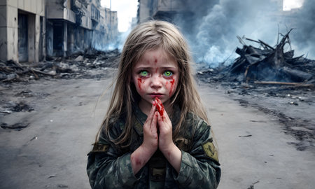 In the midst of destruction, a young girls stoic gaze belies the blood smeared across her, a testament to the resilience of those caught in the crossfire.の素材