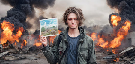 A young man holds a photograph of greener days against the fiery backdrop of a world engulfed in flames, symbolizing the stark contrast between past peace and present turmoil.の素材