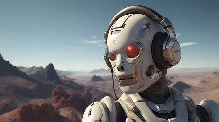 A solitary robot with headphones and blue eyes stands contemplatively in a desert, a stark contrast to its high-tech appearance. The image evokes solitude and introspection.の素材