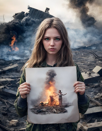 The same young artist presents a drawing that mirrors the blazing scene behind her, creating a poignant reflection of reality. Her solemn expression emphasizes the depth of her connection to her surroundings and her art.の素材