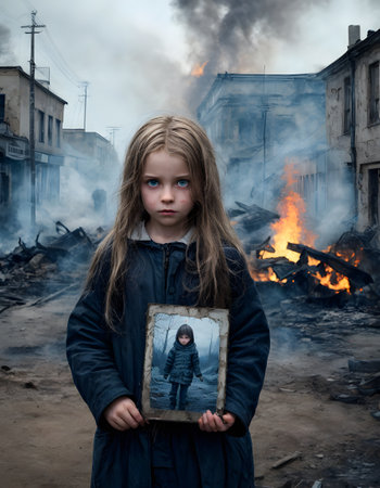 In a haunting reflection of war, a young girl holds a framed portrait of herself amidst the ruins, symbolizing the duality of lost childhood and enduring hope.の素材
