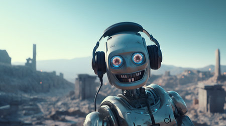 A humanoid robot with glowing eyes enjoys music in a desolate urban landscape, hinting at life amidst desolation. The headphones suggest a connection to human culture.の素材