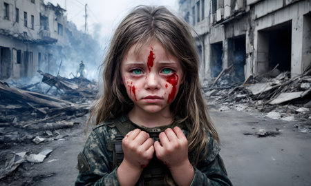 In the midst of destruction, a young girls stoic gaze belies the blood smeared across her, a testament to the resilience of those caught in the crossfire.の素材