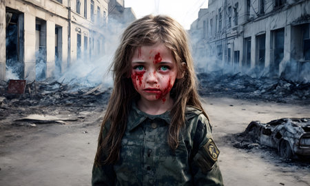 In the midst of destruction, a young girls stoic gaze belies the blood smeared across her, a testament to the resilience of those caught in the crossfire.の素材
