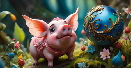 A charming piglet, graced with golden ornaments, explores a wonderland of vibrant flowers, embodying the joy of natures beauty.の素材