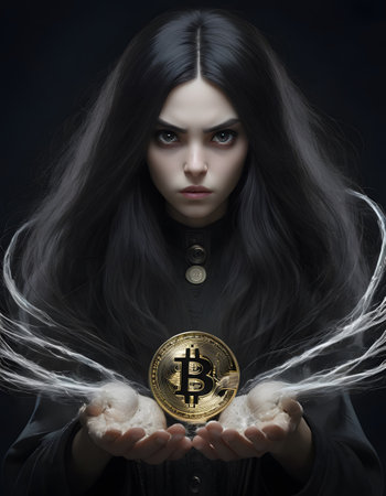 A woman with a solemn expression offers a Bitcoin with a technological halo behind her, blending mysticism with modern digital finance.の素材