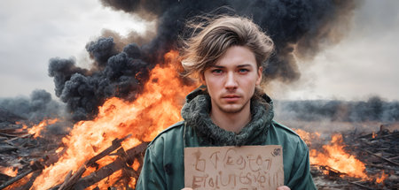 In a poignant juxtaposition, a young man in a war-torn setting presents a sign with indecipherable writing, hinting at the obscured voices and stories amidst the chaos of destruction. His intense gaze speaks volumes of unvoiced resilience.の素材