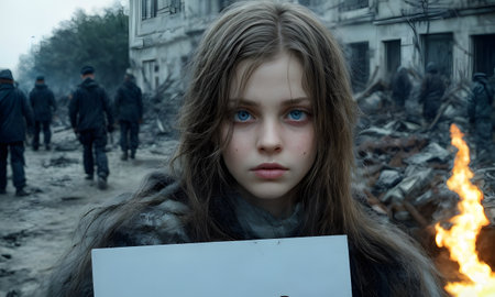 A childs profound gaze draws us into the heart of devastation as she holds a sign, becoming the voice for the voiceless in a war-torn setting.の素材
