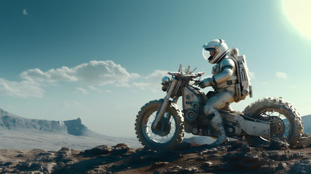 A robot on an all-terrain motorcycle surveys a desolate, Mars-like landscape, embodying the convergence of exploration technology and the rugged beauty of an alien world.の素材