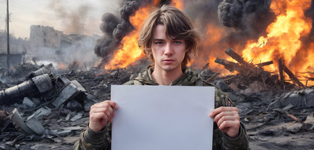 A somber youth stands before an apocalyptic scene, holding an unmarked board as a poignant symbol of new beginnings despite the surrounding devastation. His eyes hold the weight of experience yet the hope for renewal.の素材
