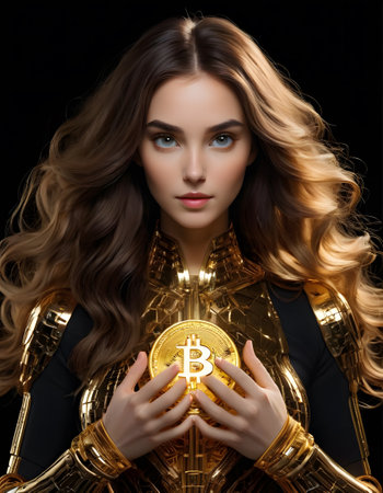 A captivating woman holds a Bitcoin token, her golden armor reflecting a world of digital currency. Her gaze is as engaging as the cryptocurrency she presents.の素材