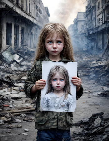 A young girl in military attire holds a photo of her former self, standing resolutely amidst the destruction, symbolizing the enduring spirit of hope in the face of war.の素材