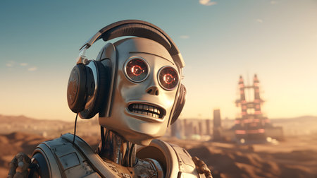 A golden-hour glow envelops a robot as it enjoys music through headphones, against an industrial backdrop. The warm light adds a touch of humanity to the robotic figure.の素材