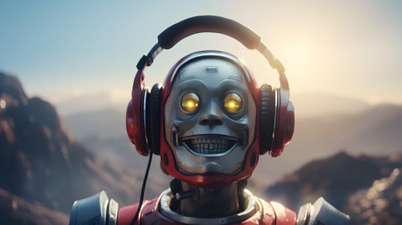 A robot with a broad smile listens to music amidst mountainous terrain, its headphones adding a modern twist to the rugged landscape. The image juxtaposes technology with the wild.の素材