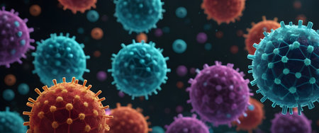 This image depicts a close-up view of various spherical viral particles, each displaying an array of surface proteins. The vibrant colors highlight the diverse types of viruses, illustrating their complex structures and potential for variation. AI Generativeの素材