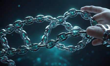 A human hand interacts with a digitally-rendered chain, symbolizing concepts of connectivity and cybersecurity. The ethereal blue glow and binary codes suggest advanced technology and data protection. AI Generativeの素材