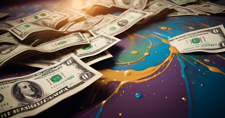 This image captures the dynamic movement of dollar bills amidst splashes of vibrant paint, evoking the energy of economic exchange. The contrast of money and colorful liquid represents the creativity and fluidity in markets. AI Generativeの素材