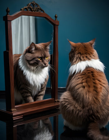 A majestic Maine Coon gazes into a mirror, reflecting on its own image. The scene captures a moment of feline introspection against a cool blue backdrop. AI Generativeの素材