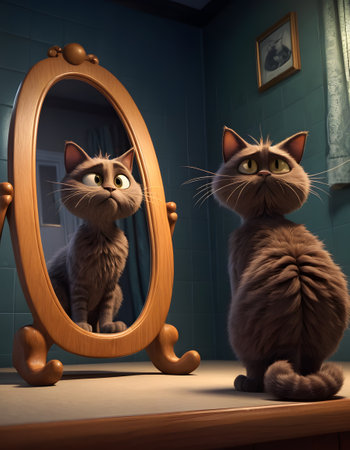 In a bright bathroom, a curious cat peers into a mirror, intrigued by its own agile and toned reflection. The contrast of the cats natural curiosity with its elegant reflection creates a charming scene. AI Generativeの素材