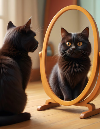 A fluffy black cat examines its reflection in an oval mirror with an inquisitive stare. The cozy room ambiance enhances the intimate and curious nature of this encounter. AI Generativeの素材