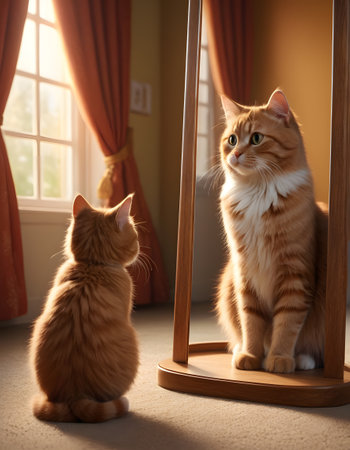 A ginger cat examines its reflection in a full-length mirror, displaying a mix of curiosity and recognition. The contrast of shadows and light creates a captivating ambiance. AI Generativeの素材