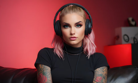 A tattooed DJ with pink hair and chic makeup rests in a sound studio. Her stylish black outfit contrasts with the vibrant red background. AI Generativeの素材