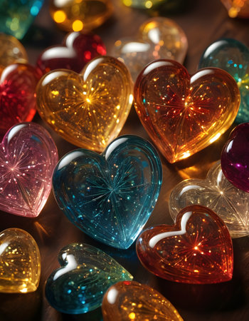 An array of sparkling glass hearts crowded together, their intricate designs catch and scatter light. The hearts create a vibrant patchwork of color and brilliance on the wood. AI Generativeの素材