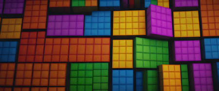 The image features 3D cubes glowing with neon lights, stacked in a mesmerizing pattern. It creates a futuristic and energetic atmosphere. AI Generativeの素材