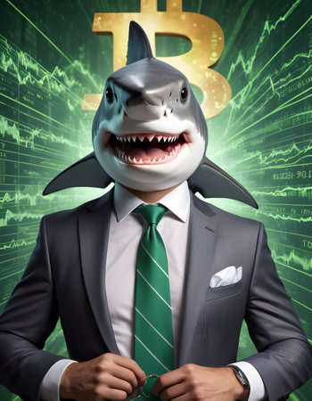 A digital artwork blending a sharks head on a businessmans body, symbolizing financial aggression and risk in the cryptocurrency market. The backdrop of digital graphs underscores the volatile nature of digital currency trading. AI Generativeの素材