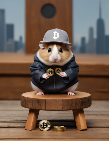 A stylish hamster dons a black jacket and Bitcoin cap amidst a cityscape, clutching the digital currency. This playful image blurs the lines between fashion, pets, and the financial world. AI Generativeの素材
