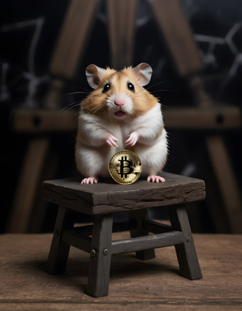 On a rustic stool, a hamster contemplates a Bitcoin, akin to an economist pondering market fluctuations. This creative scene merges animal cuteness with economic themes. AI Generativeの素材