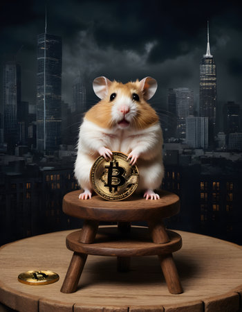Against the dusky city skyline, a hamster grips a Bitcoin coin. This image symbolizes the intersection of the natural and financial worlds as the day ends. AI Generativeの素材