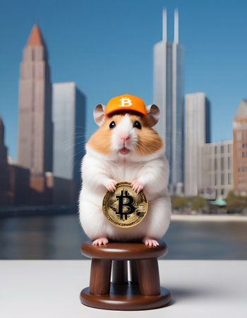 A hamster sporting a Bitcoin-branded cap stands proudly on a pedestal, holding a shiny Bitcoin, with the backdrop of a city skyline. This image symbolizes the intersection of wildlife whimsy and modern financial trends. AI Generativeの素材