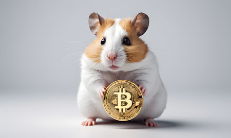 A thoughtful hamster holds a Bitcoin, portraying contemplation over digital currency investments. The image reflects strategic financial planning. AI Generativeの素材