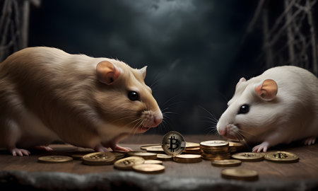 A golden and white hamster come face-to-face with a stack of Bitcoins, a moment where the animal kingdom meets digital wealth. The dimly lit background adds a sense of mystery to their discovery. AI Generativeの素材