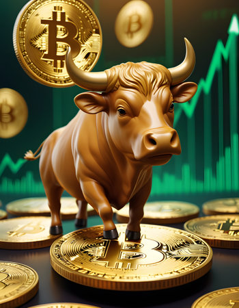 A golden bull stands confidently on a Bitcoin coin against a market chart with upward trends, symbolizing a bullish outlook in the cryptocurrency sphere. The image conveys the strength and potential of crypto investments. AI Generativeの素材