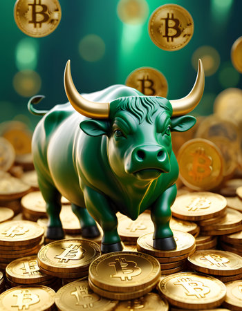 A vibrant green bull stands strong amidst a shower of golden Bitcoin coins, symbolizing prosperity in cryptocurrency markets. The scene captures the essence of bullish trends in digital finance. AI Generativeの素材