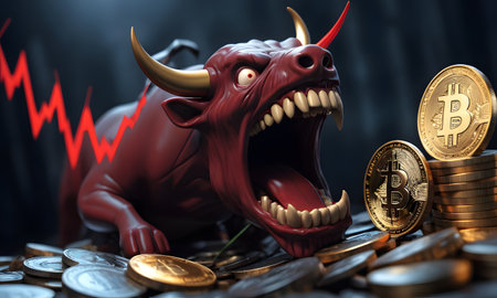 A red bull monster appears in a dramatic backdrop, symbolizing the surge and excitement of a Bitcoin rally. The intense gaze and snarl reflect the highly competitive cryptocurrency market. AI Generativeの素材